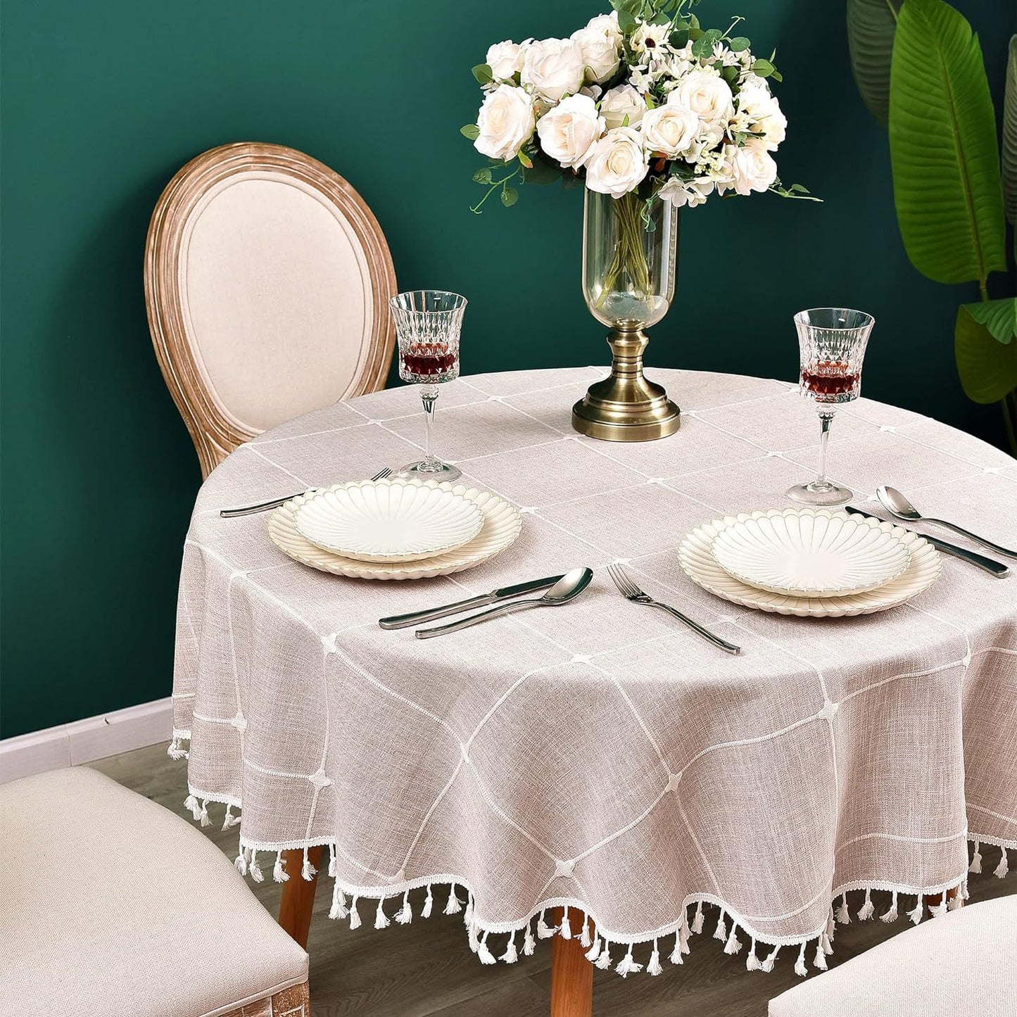 Round Luxury Tablecloth -Linen with Orginal Cotton Table Cover for Indoor & Outdoor, Heavy Weight Tabletop Artificial linens Decoration, Heavy Weight Elegant 55” Diameter Table Covers