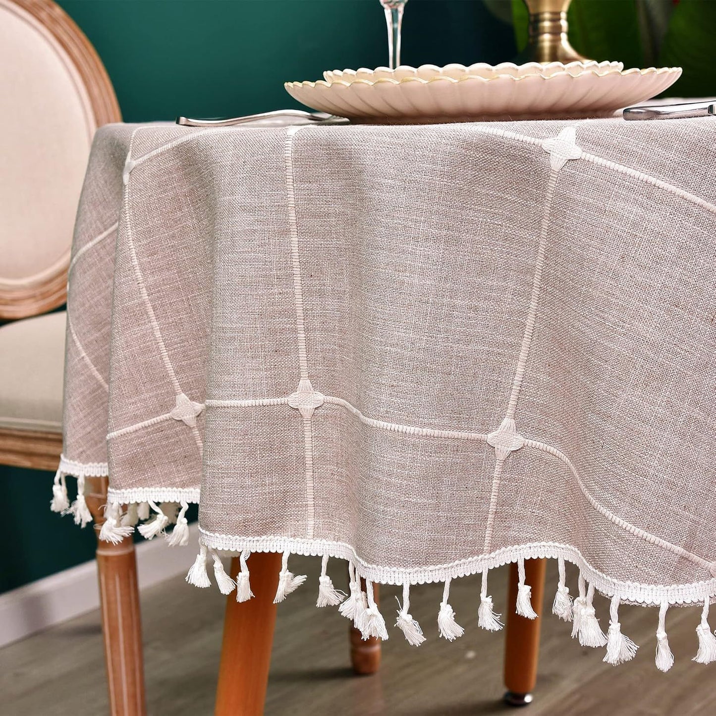 Round Luxury Tablecloth -Linen with Orginal Cotton Table Cover for Indoor & Outdoor, Heavy Weight Tabletop Artificial linens Decoration, Heavy Weight Elegant 55” Diameter Table Covers