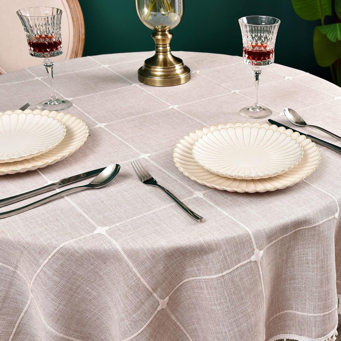 Round Luxury Tablecloth -Linen with Orginal Cotton Table Cover for Indoor & Outdoor, Heavy Weight Tabletop Artificial linens Decoration, Heavy Weight Elegant 55” Diameter Table Covers
