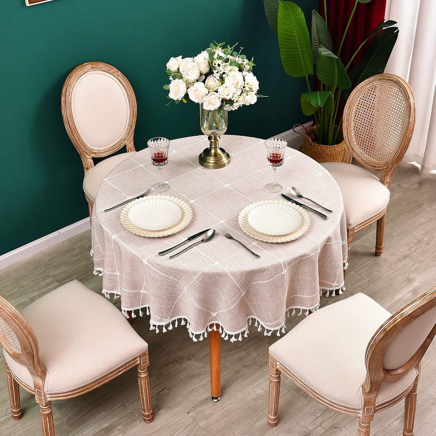 Round Luxury Tablecloth -Linen with Orginal Cotton Table Cover for Indoor & Outdoor, Heavy Weight Tabletop Artificial linens Decoration, Heavy Weight Elegant 55” Diameter Table Covers